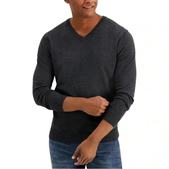 Alfani Other - Alfani Solid Table Cotton Blend Dark Grey V-Neck Classic Fit Mens Sweater